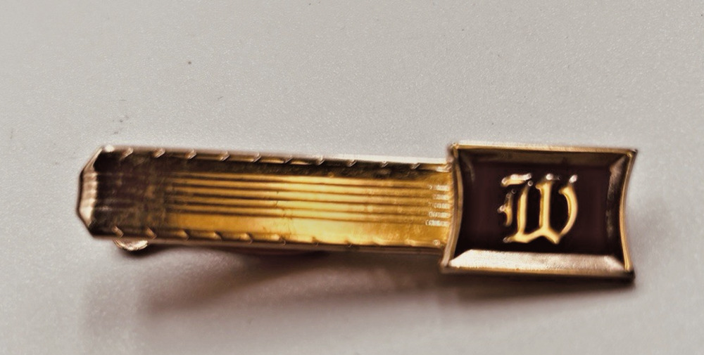 Vintage Hickok USA Tie Clip Bar Clasp Initial W Gold Tone Black Monogram Retro
